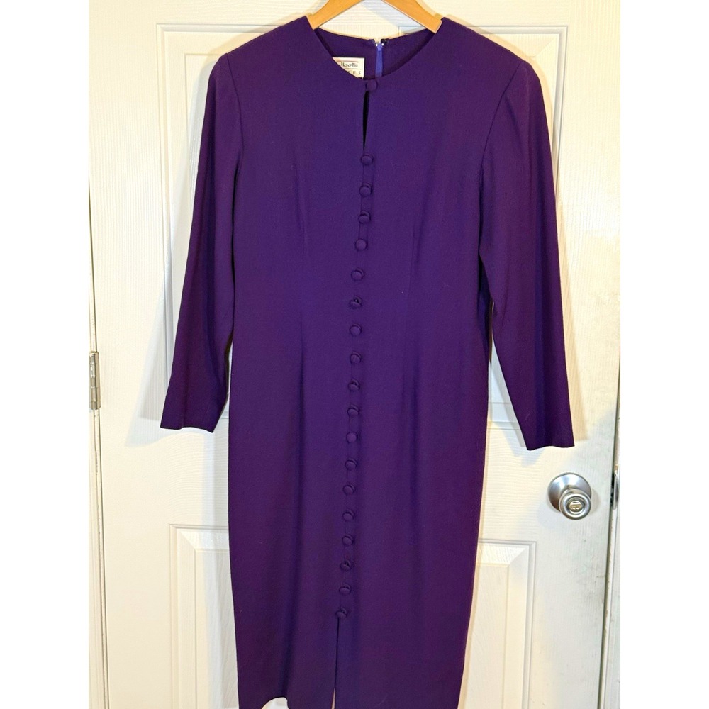 Vtg  Talbots Petites Purple 100% Wool A-Line Midi Dress 8P USA Classic Formal